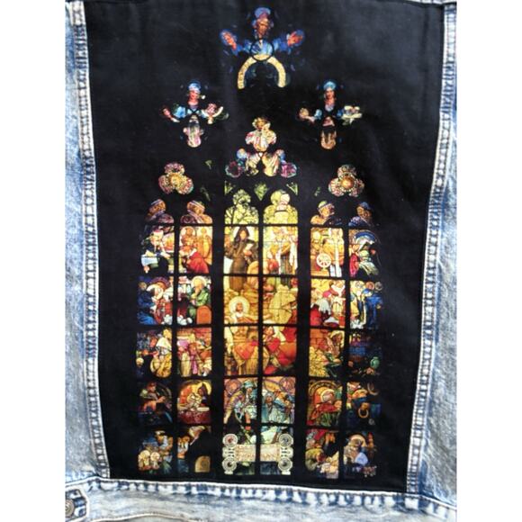 Forever 21 Alphonse Mucha Stained Glass Acid Wash Blue Jean Denim Jacket Mens M - Picture 3 of 9